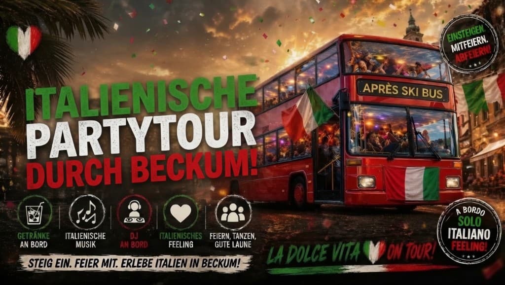 Italienische Partytour durch Beckum – Doppeldeckerbus im Après-Ski-Party-Design mit italienischer Flagge